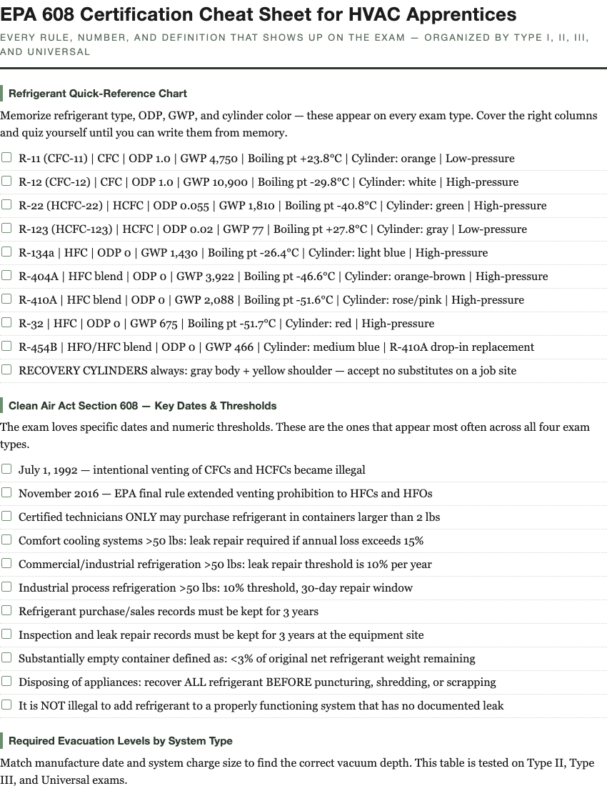 EPA 608 certification cheat sheet printable study guide preview