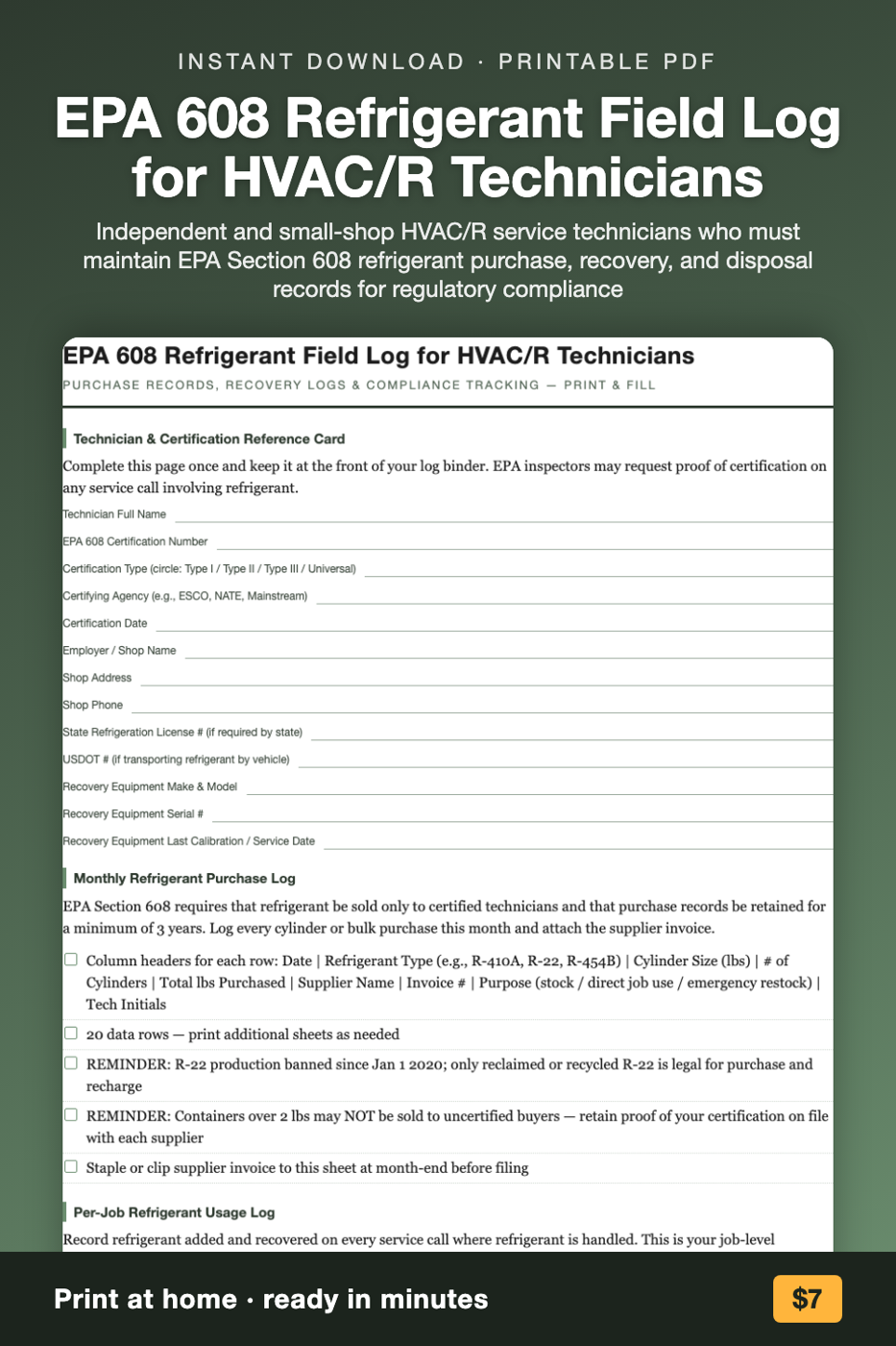 EPA 608 Refrigerant Field Log for HVAC/R Technicians