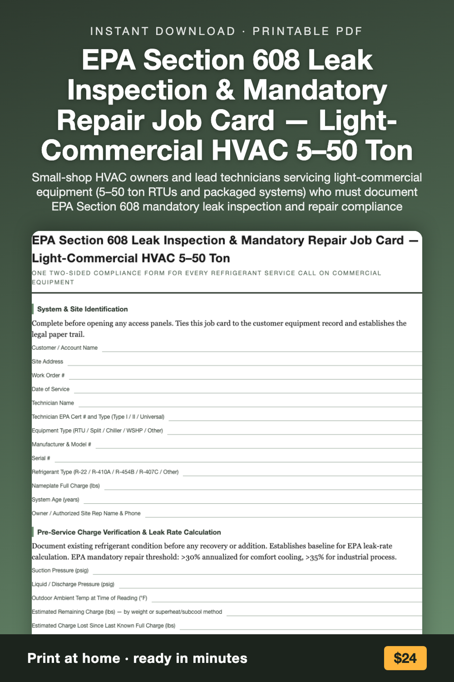 EPA Section 608 Leak Inspection & Mandatory Repair Job Card — Light-Commercial HVAC 5–50 Ton