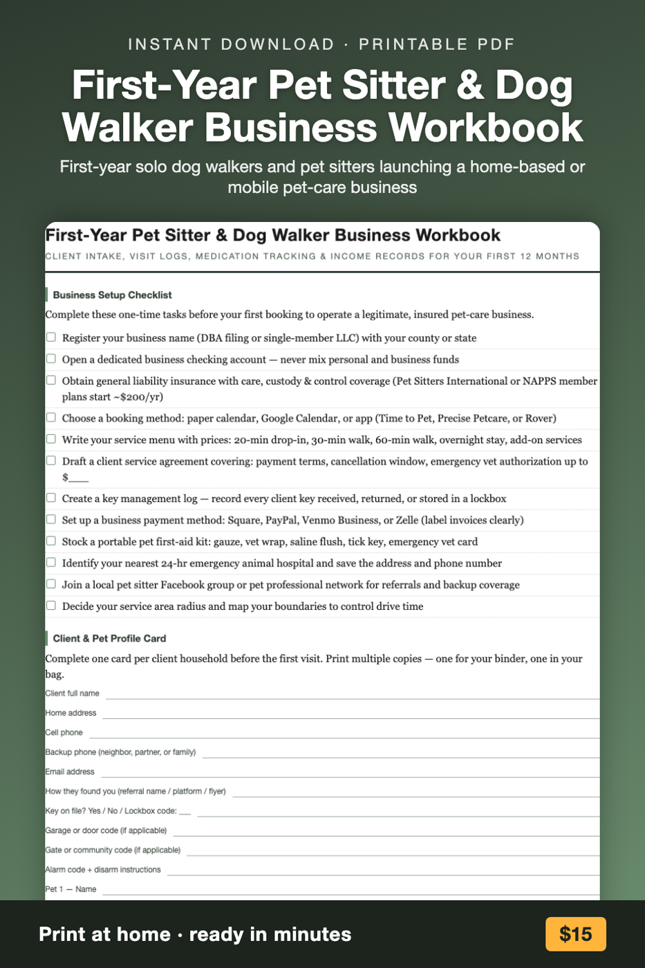 First-Year Pet Sitter & Dog Walker Business Workbook printable preview