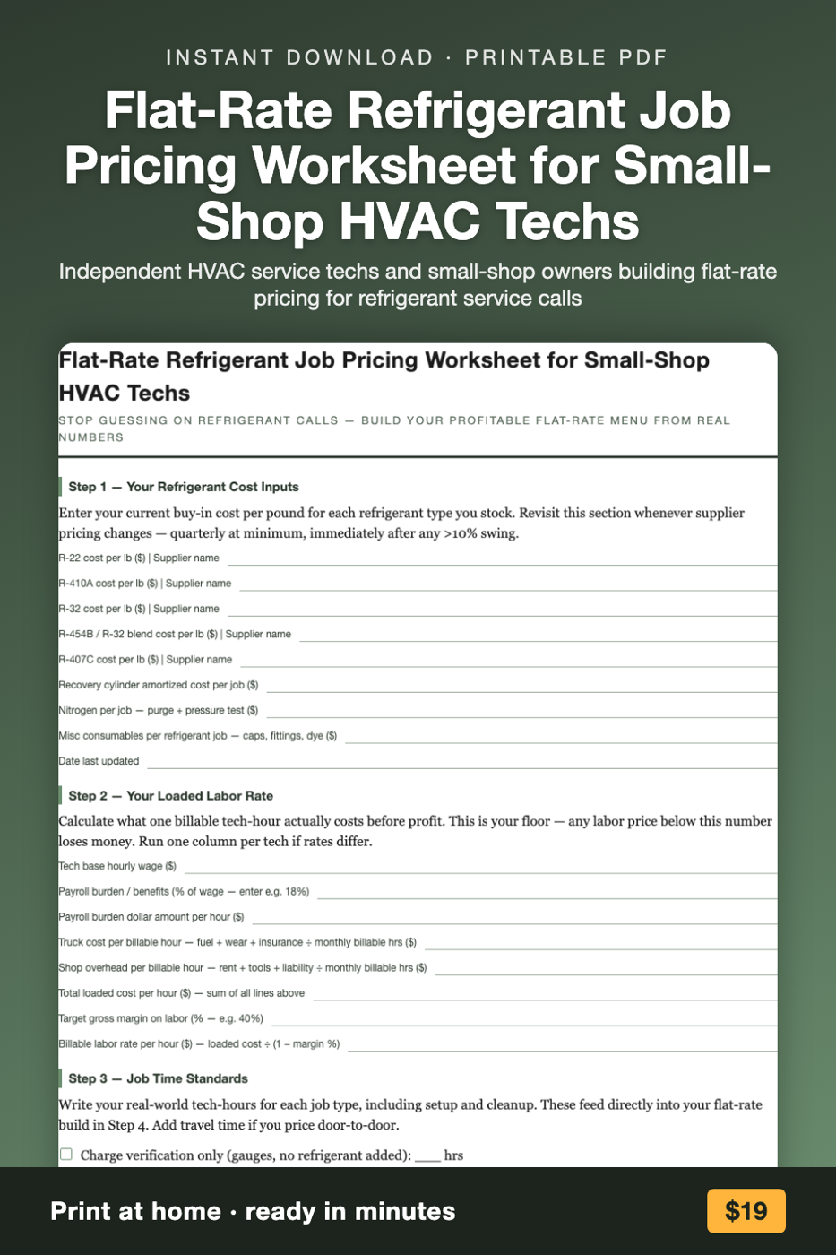 Flat-Rate Refrigerant Job Pricing Worksheet for Small-Shop HVAC Techs