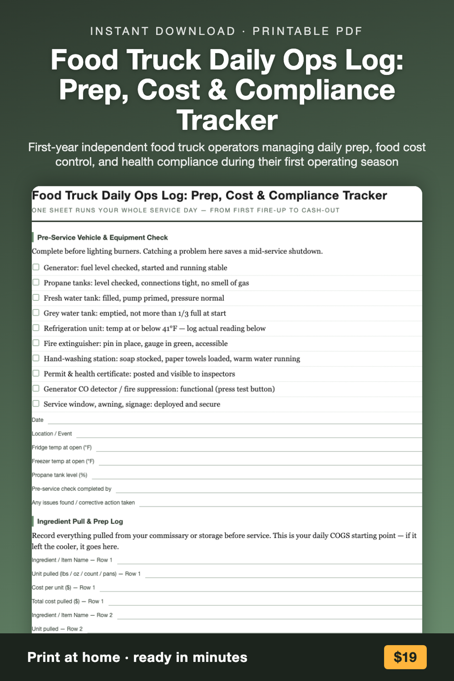 Food Truck Daily Ops Log: Prep, Cost & Compliance Tracker printable preview