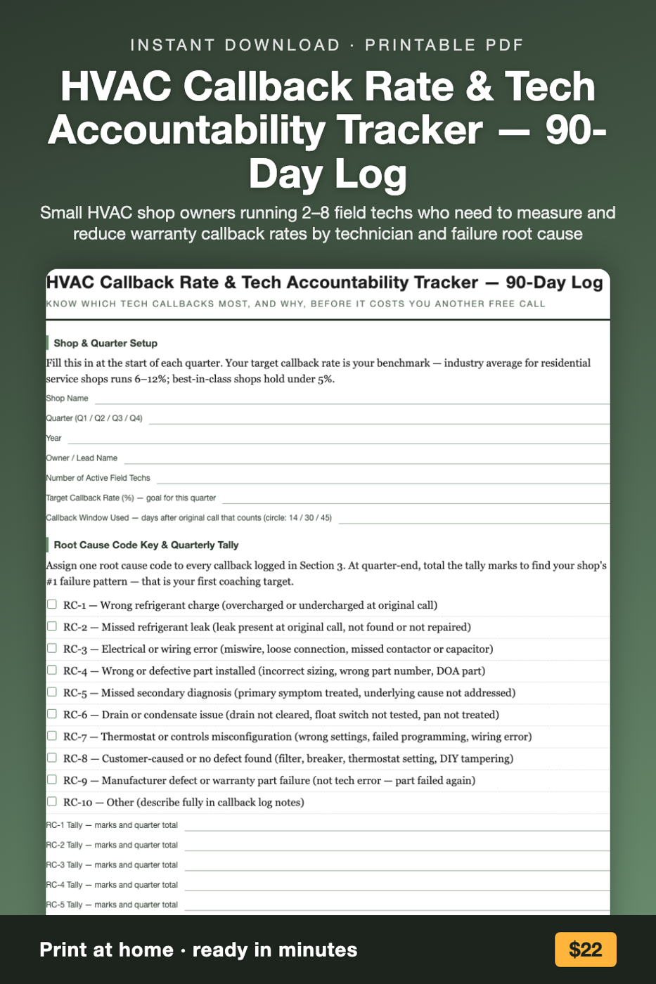HVAC Callback Rate & Tech Accountability Tracker — 90-Day Log printable preview
