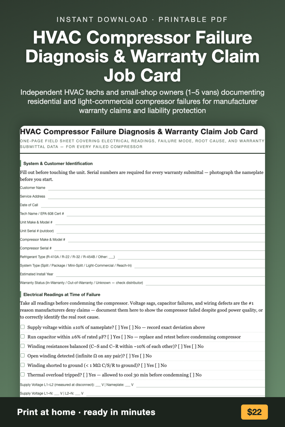 HVAC Compressor Failure Diagnosis & Warranty Claim Job Card