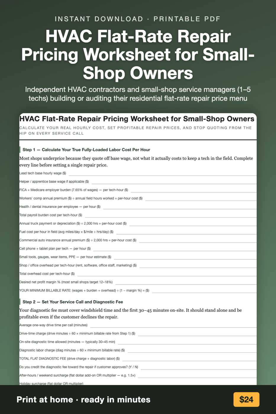 HVAC Flat-Rate Repair Pricing Worksheet for Small-Shop Owners