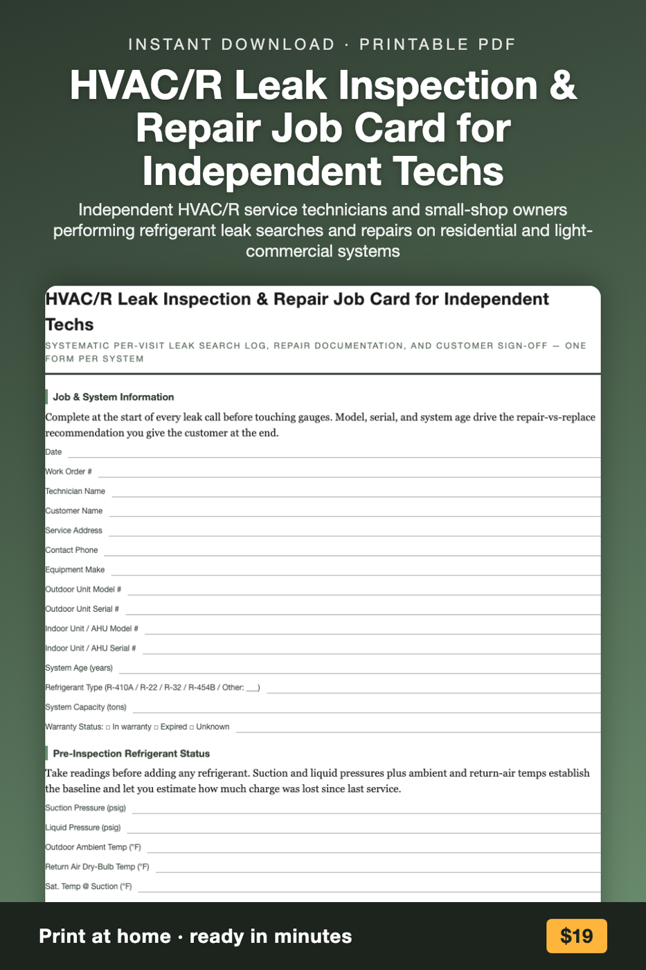 HVAC/R Leak Inspection & Repair Job Card for Independent Techs printable preview