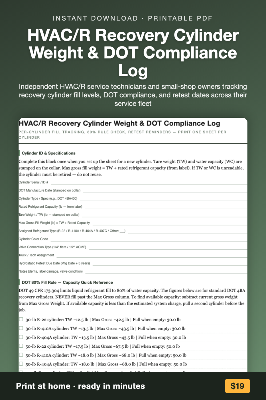 HVAC/R Recovery Cylinder Weight & DOT Compliance Log