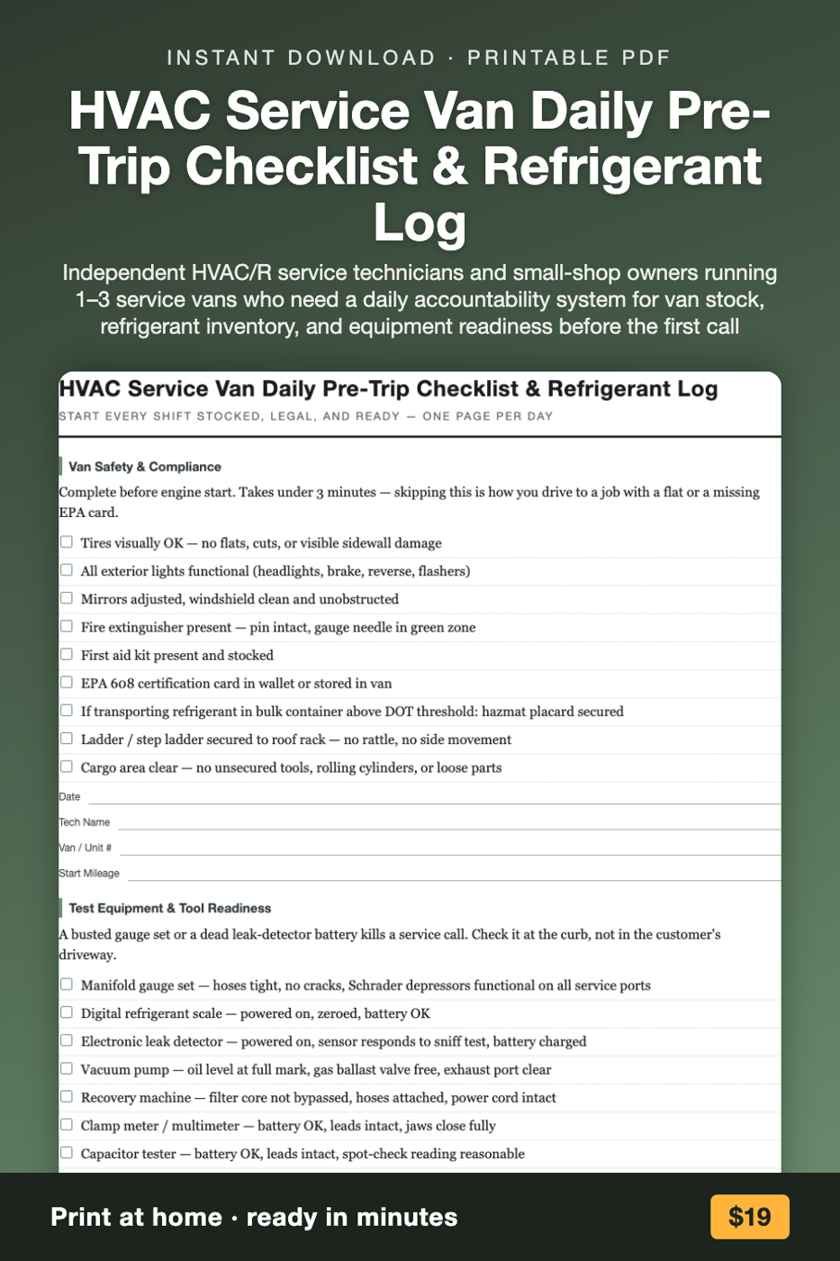 HVAC Service Van Daily Pre-Trip Checklist & Refrigerant Log printable preview