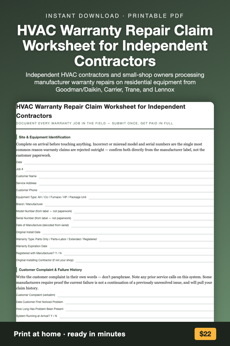 HVAC Warranty Repair Claim Worksheet for Independent Contractors