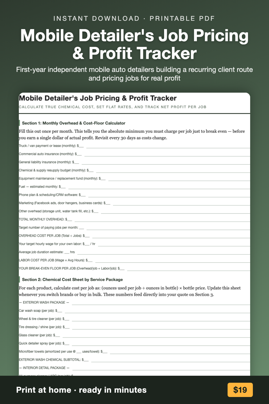 Mobile Detailer's Job Pricing & Profit Tracker printable preview