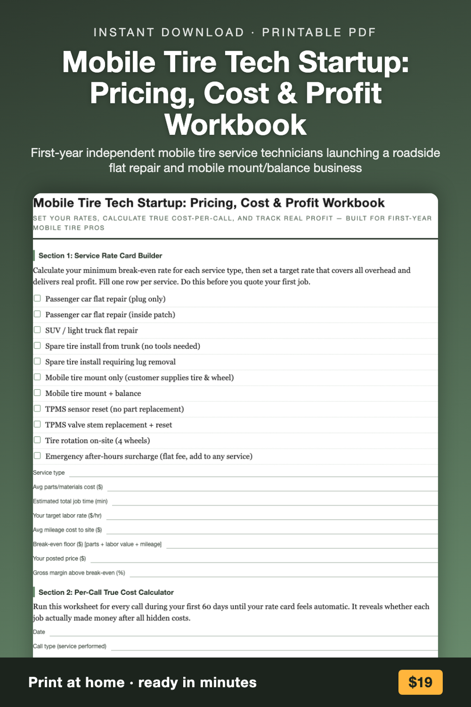 Mobile Tire Tech Startup: Pricing, Cost & Profit Workbook