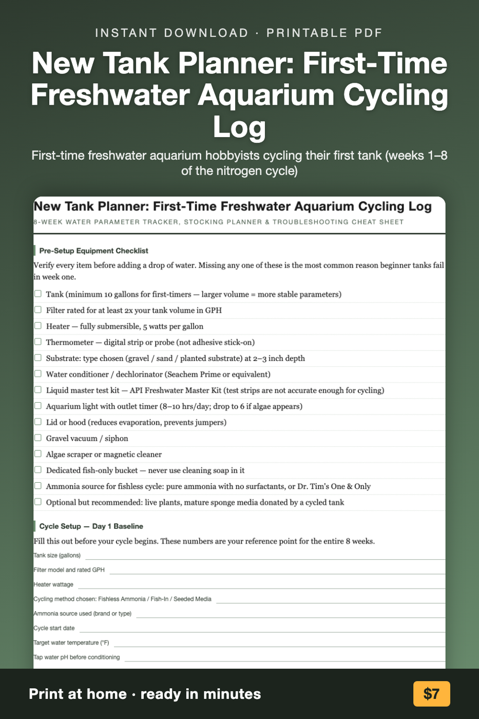 New Tank Planner: First-Time Freshwater Aquarium Cycling Log printable preview