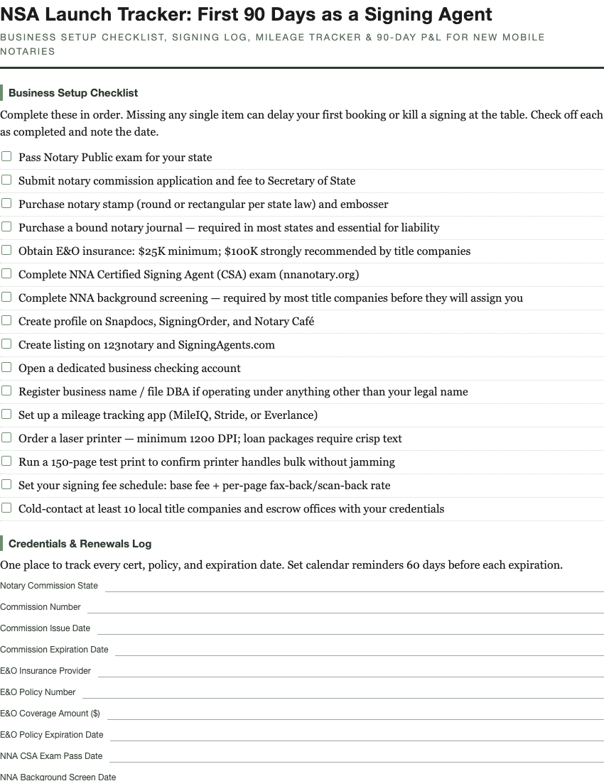 Notary signing agent first 90 days launch tracker printable preview