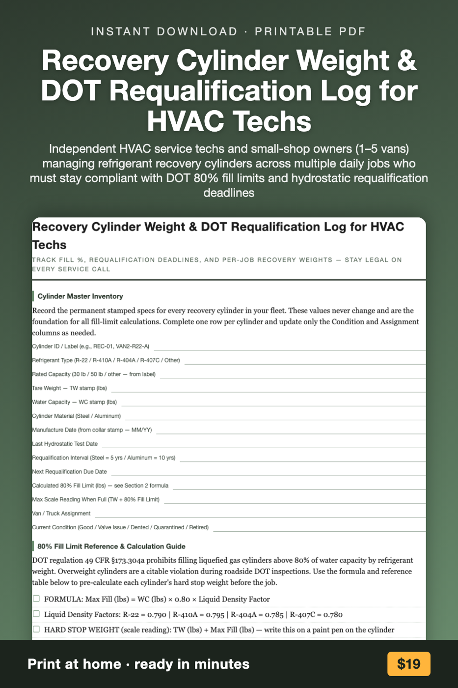 Recovery Cylinder Weight & DOT Requalification Log for HVAC Techs