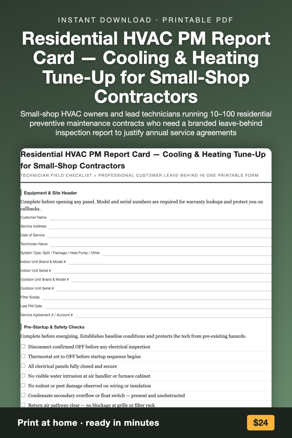 Residential HVAC PM Report Card — Cooling & Heating Tune-Up for Small-Shop Contractors