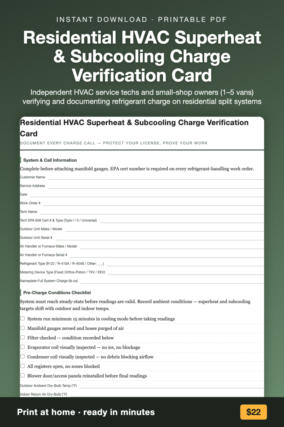 Residential HVAC Superheat & Subcooling Charge Verification Card