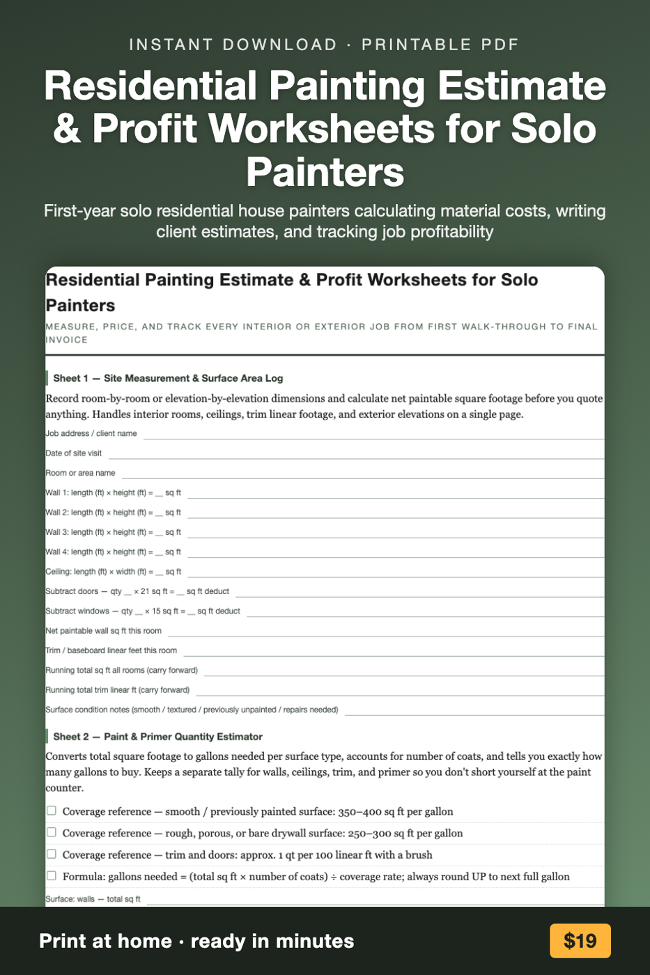 Residential Painting Estimate & Profit Worksheets for Solo Painters