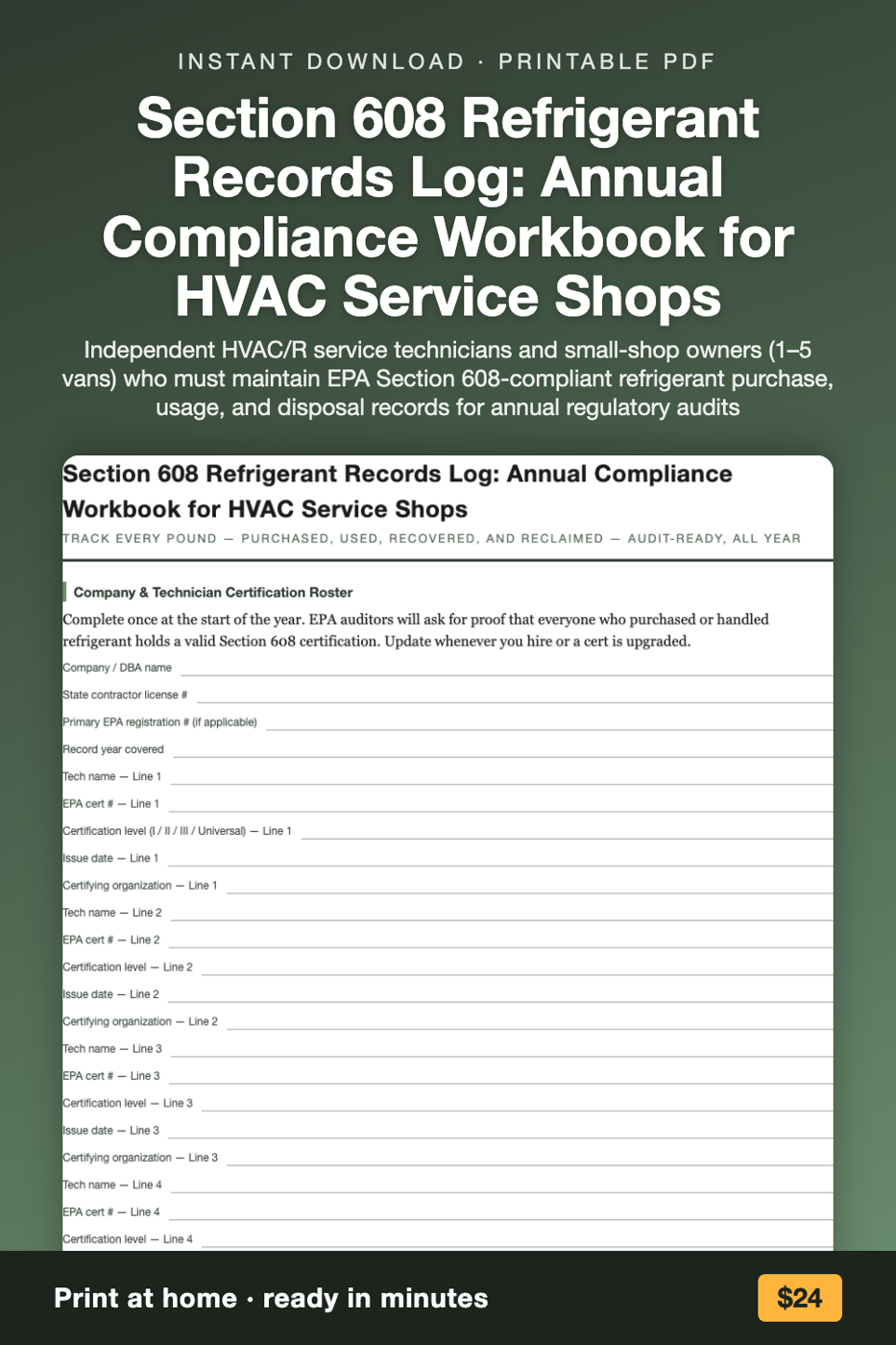 Section 608 Refrigerant Records Log: Annual Compliance Workbook for HVAC Service Shops printable preview
